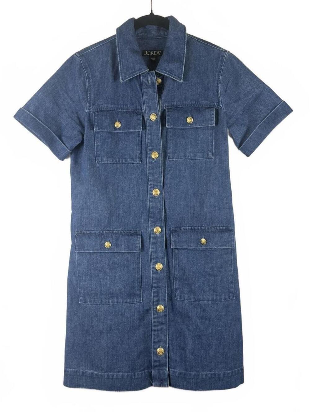 J.Crew Utility Pocket Denim Mini Dress Gold Buttons Short Sleeve Blue Size 2 - Picture 2 of 6